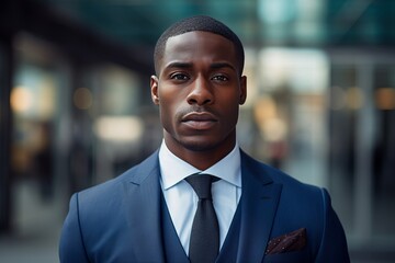 Handsome Black Businessman in his 30's wearing a fancy blue Suit and Tie Generative Ai