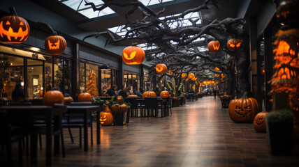 Halloween Themed Mall Decorations - Vibrant Jack-o'-Lantern Displays, AI-Generated