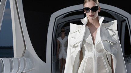A model walks down the runway in a white dress