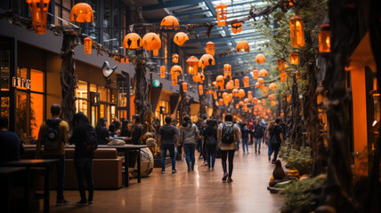 Halloween-Themed Mall Bustling with Shoppers - Vibrant Atmosphere with Jack-o'-Lantern Decorations, AI-Generated