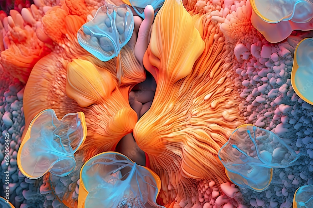 Poster vibrant colors and abstract backgrounds: exploring the hyper-realistic microscopic world in digital 