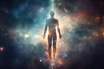 Silhouette of human astral human body concept image for near death experience, spirituality, and meditation - AI Generated - obrazy, fototapety, plakaty
