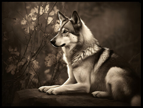 A black and white photo of a tamaskan dog