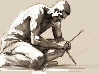 A drawing of a man sitting on the ground