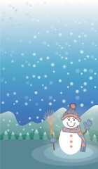Christmas winter background with snowman holding a broom, montains and white snowflakes. Xmas vertical card. Vector illustration.