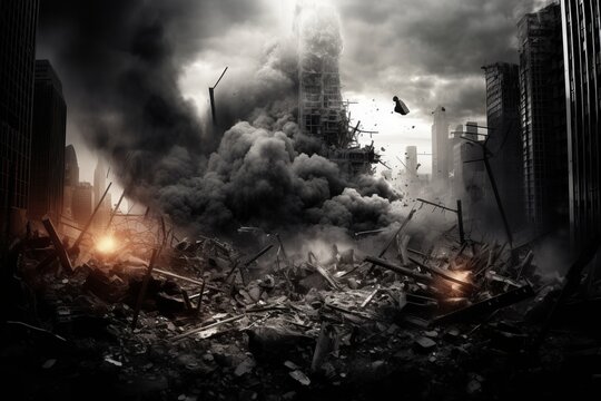Collapse of a skyscraper after a terrorist bomb attack First Responder Generative Ai