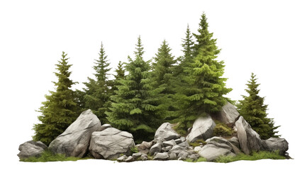 spruce forest with rocks, png file of isolated cutout object on transparent background. - obrazy, fototapety, plakaty