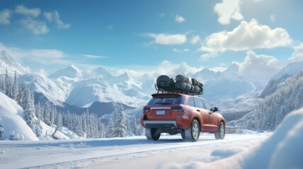 Winter trip of an SUV driving on a snowy road surrounded by a winter wonderland