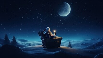 Cute little child girl with a Christmas gift. Santa Claus flies in a sleigh against the moonlit sky. The kid enjoys the holiday