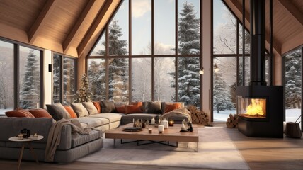 cozy warm home interior of a chic country chalet with a huge panoramic window overlooking the winter forest.
