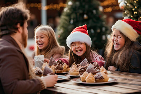 Three girls and their father sitting on a wooden table enjoying Christmas cupcakes outdoors on winter time. Generative AI.