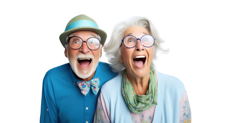 happy surprised old retired couple saw a discount or promotion, png file of isolated cutout object on transparent background.
