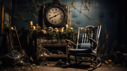 Fototapeta na wymiar Spooky Haunted House Scene with Halloween Props and Creaky Rocking Chair - Eerie Atmosphere, AI-Generated