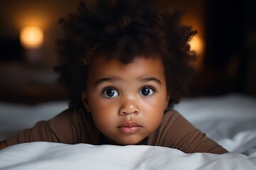 Cute little african american baby looking at camera while lying in bed at home