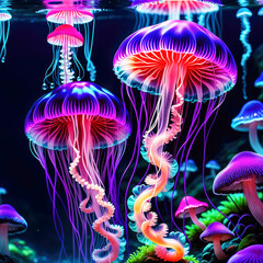 A view of spectacular fluorescent jellyfish and neon mushrooms in the ocean. Generative AI