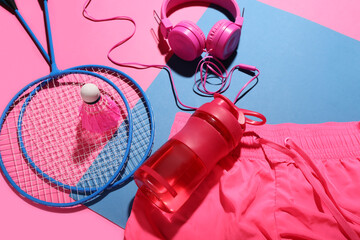 Composition with bottle of water, headphones, badminton rackets and shuttlecock on color background - obrazy, fototapety, plakaty