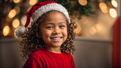 Portrait of a little African American girl wearing a Santa hat - obrazy, fototapety, plakaty