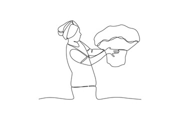 Woman picking garden produce. Farmer activity minimalist concept. black and white design by vector illustrator. Simple line. Flat cartoon vector illustration.