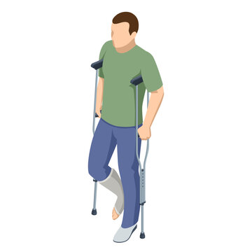 Isometric man with a leg injury in a cast on crutches. Social security and health insurance concept.