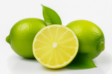 Lemon and lime with leaves isolated on white background cutout.