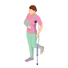 Isometric A woman with a leg injury in a cast on crutches, with an arm injury in a cast. Social security and health insurance concept.