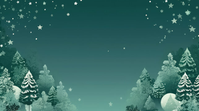 Green winter landscape background with trees, stars and snow, frost wide panorama with free space for your text or decoration. Snowy trees banner, Christmas greeting card concept.