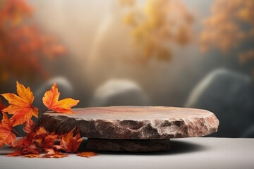 Brown stone podium platform showcase stand for cosmetic, beauty product presentation. Autumn colorful fall leaves in background. Front view - obrazy, fototapety, plakaty