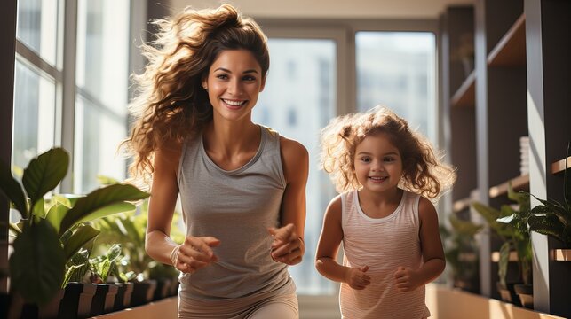 Mother and Daughter Yoga Practice, a mother and young daughter are engaged in a yoga session together. striking yoga poses with smiles on their faces, the family health and the joy of practicing yoga.
