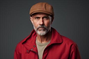 Portrait of an old man wearing a red jacket and cap.