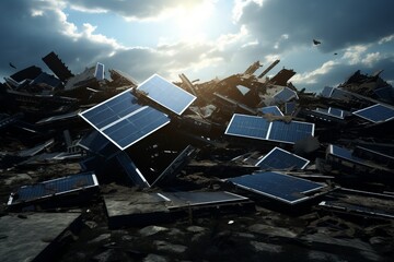 Garbage dump full of discarded and broken solar modules as a symbol of the waste of resources in renewable technologies Generative Ai - obrazy, fototapety, plakaty