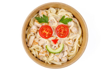 handmade pasta with chicken fillet on a white background, studio shooting 1
