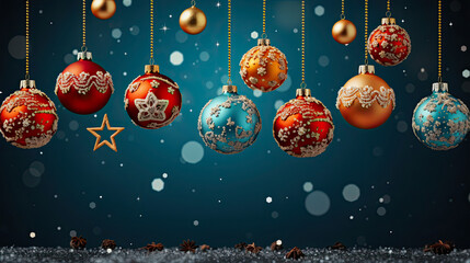 Christmas background with globes and decorations, generative ai - obrazy, fototapety, plakaty