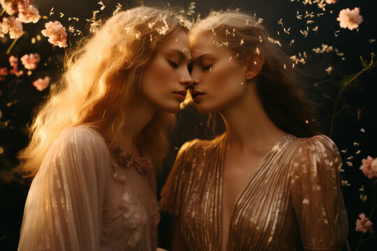 two women sapphic female wlw couple in sensual embrace in magical glowing fairy light setting ethereal surreal for magic/witchy equality/diversity lgbt in magazine cover editorial textured look