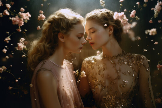 two women sapphic female wlw couple in sensual embrace in magical glowing fairy light setting ethereal surreal for magic/witchy equality/diversity lgbt in magazine cover editorial textured look