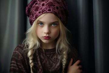 Portrait of a beautiful girl with blond hair in a knitted hat