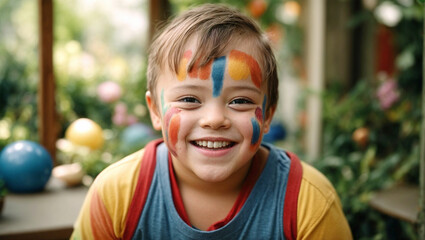 little boy smiling with his face painted, playing in the yard of his house, happy childhood - obrazy, fototapety, plakaty