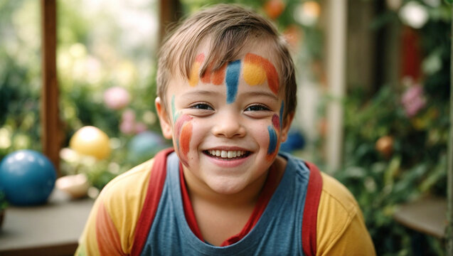 little boy smiling with his face painted, playing in the yard of his house, happy childhood