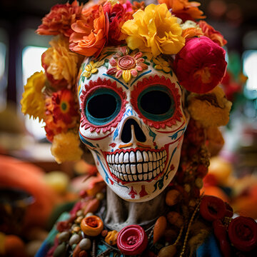 Colorful skull.Day of the dead.Generative ai image