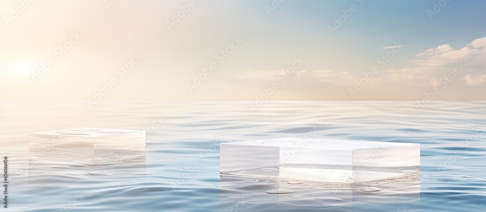Poster empty clear square podiums on calm water with splashes and waves in sunlight background for product 