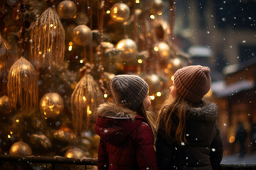 Two children's fascination with a Christmas scene, while a beautiful girl enjoys herself at a traditional market, bathed in festive lights on a winter night.