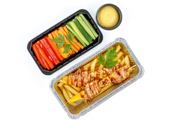 chicken skewers with pineapple, French fries, bell pepper, carrots, cucumber, cheese sauce
 on a white background, studio shot 2