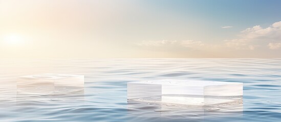 Empty clear square podiums on calm water with splashes and waves in sunlight Background for product presentation Flat lay cosmetic mockup - obrazy, fototapety, plakaty