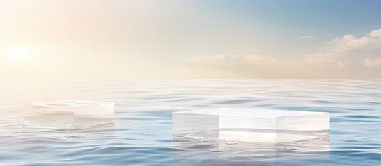 Fotobehang Empty clear square podiums on calm water with splashes and waves in sunlight Background for product presentation Flat lay cosmetic mockup © 2rogan