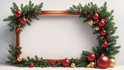Naklejka na ściany i meble Christmas frame with leaves and shiny spheres, Generative AI