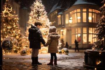 A beautiful girl's enchanting time at a traditional Christmas market on a winter evening, observed...