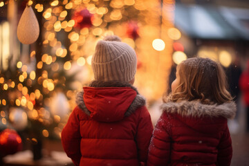 Fototapeta na wymiar Two girl's joyful winter evening at a traditional Christmas market, as two children are entranced by the festive scene. Delightful memories.