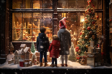 Amidst a festive Christmas scene, three children admire a beautiful and wonderful time at a...