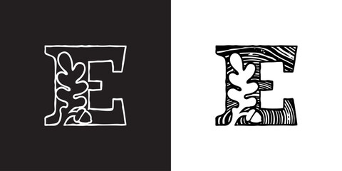 E letter logo with oak leaf and acorn. Tree cross-section. Natural wood texture, ring pattern. Trunk saw cut. Negative space emblem. Vector icon for eco identity, university coat of arms, vintage adv.