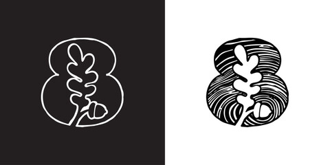 8 logo. Number eight with oak leaf and acorn. Tree cross-section. Natural wood texture, ring pattern. Trunk saw cut. Negative space emblem. Vector icon for eco identity, university coat of arms.