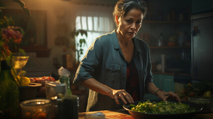 spanish woman in the kitchen cooking - Powered by Adobe